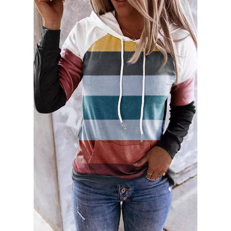 European And American Fashion Striped Women's Printed Long-sleeved Hoodie