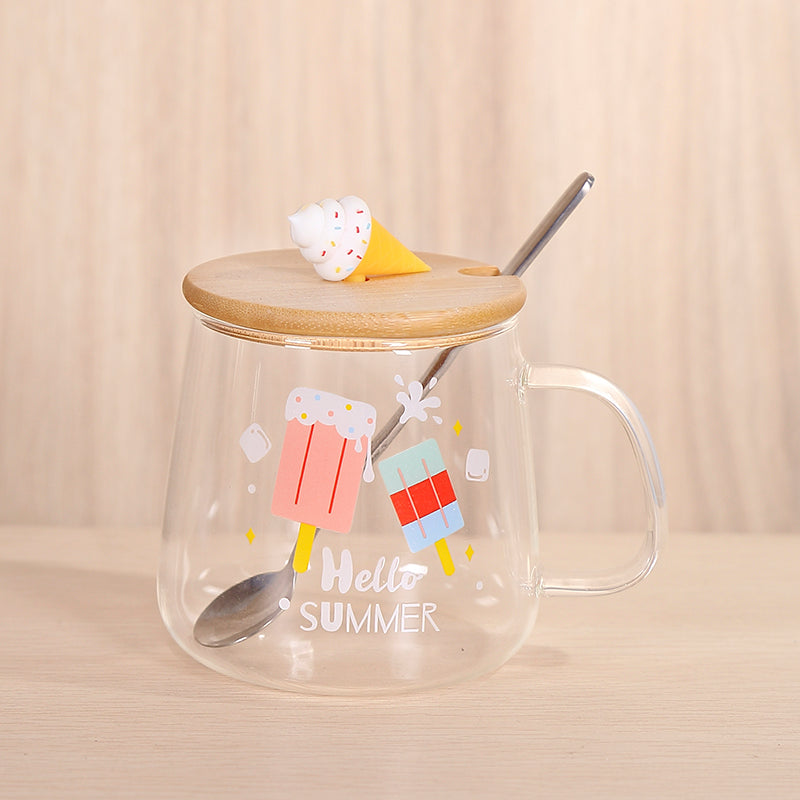 Transparent Fruit Tea Flat Bottom Glass Cup With Lid Simple