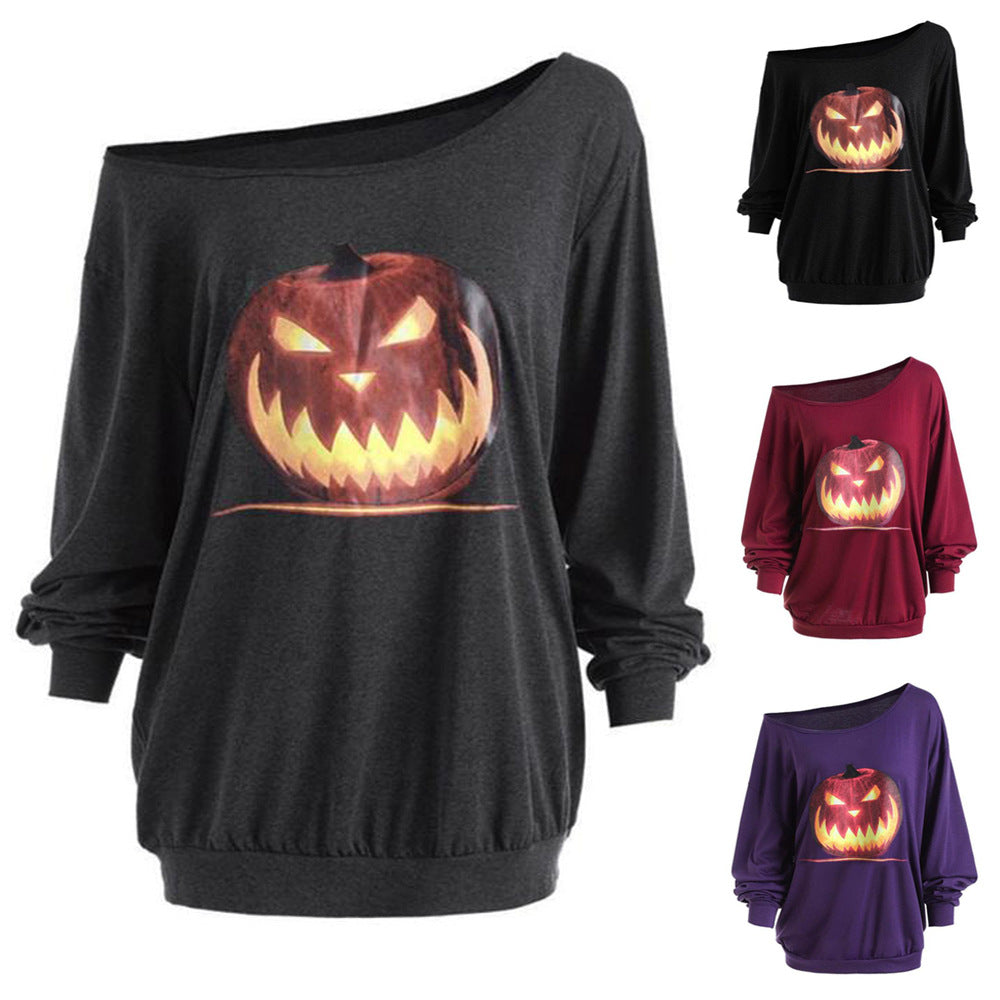 Cross Shoulder Halloween Angry Pumpkin Print Top