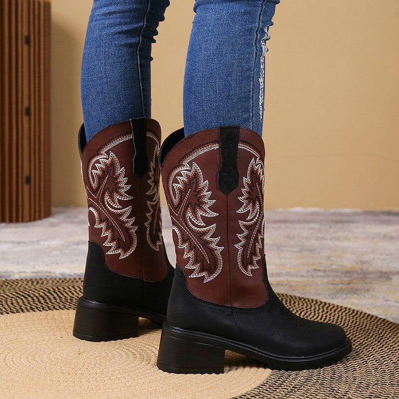 Embroidery Shoes Western Boots Chunky Mid Heel Cowboy Boots Women