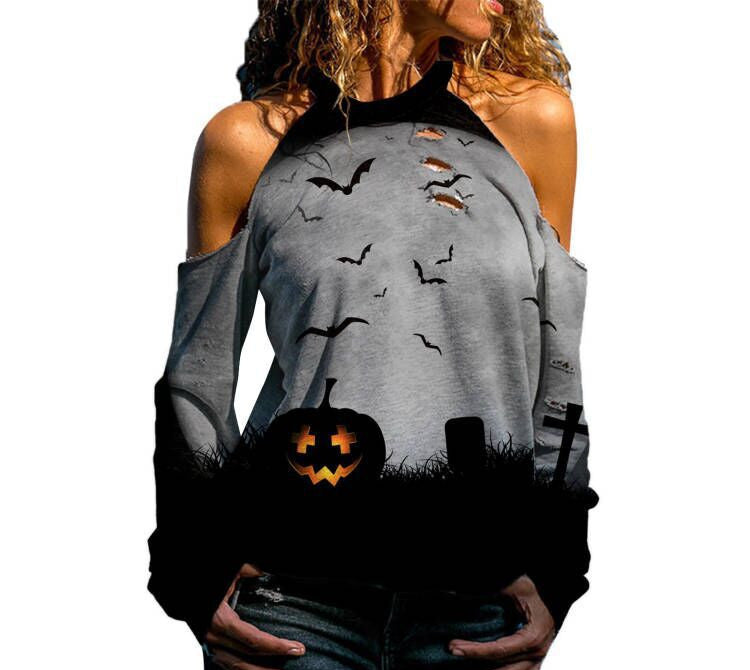 Halloween Off Shoulder Printed Top Womens Casual Loose Stitching Long Sleeved T Shirt