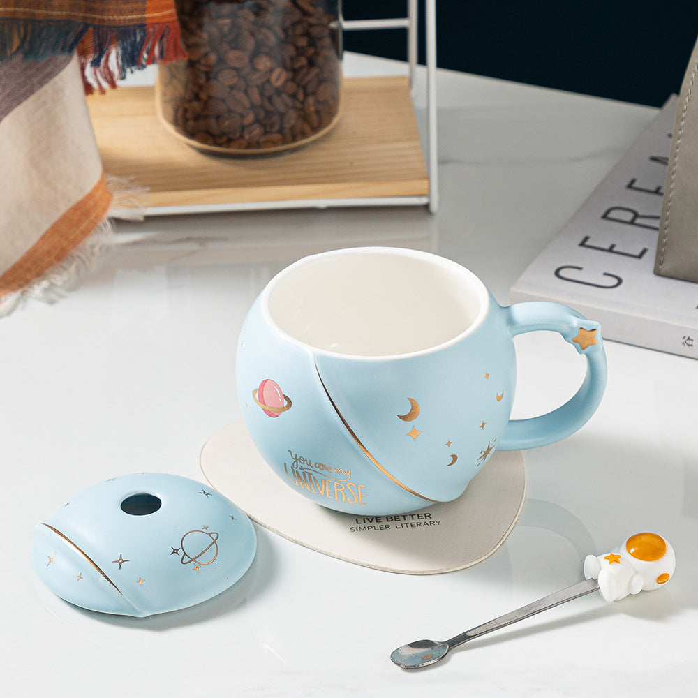 Creative Spaceman Planet Mug With Lid Spoon Round Ceramic Mug