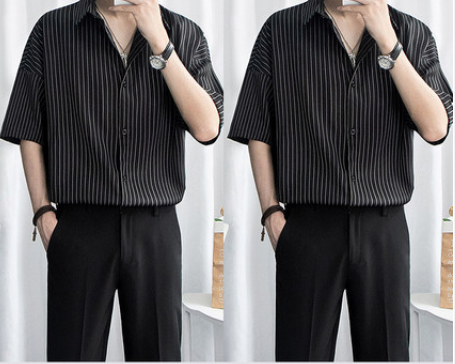 Short-sleeved Shirt Men's Striped Ruffian Handsome Black