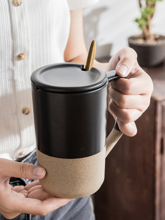 Large Capacity Japanese Retro Ceramic Mug With Lid Spoon