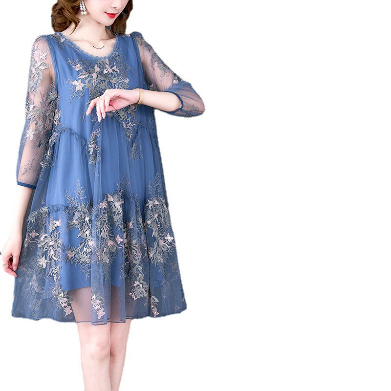 Mesh Embroidery Printed Off-the-shoulder Loose And Slimming A-line Dress