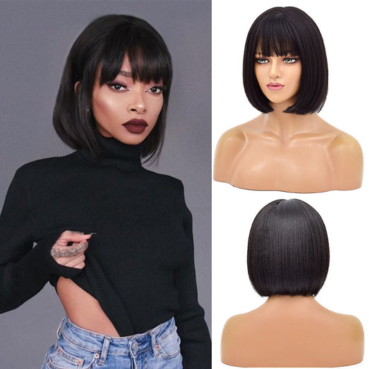 Women's Short Straight Hair Bangs Chemical Fiber Wig Head Cover