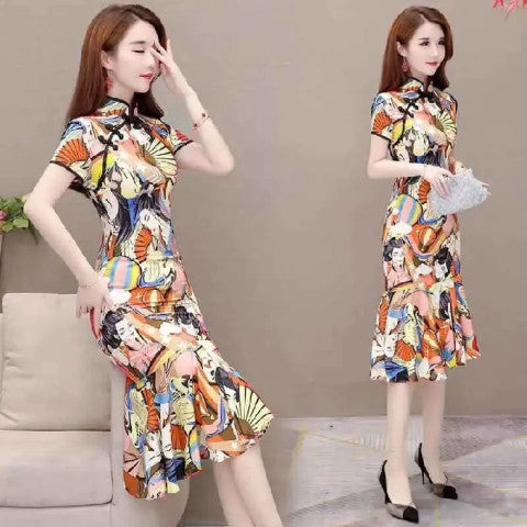 Large Size Dress Slim-fit Improvement Cheongsam In Long Short Sleeve Female