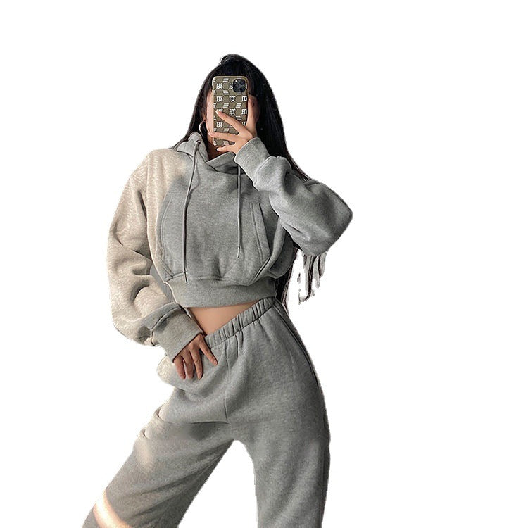 Hooded Short Pocket Plus Fleece Hoodie High Waist Loose Bunched Sweatpants Two-piece Set