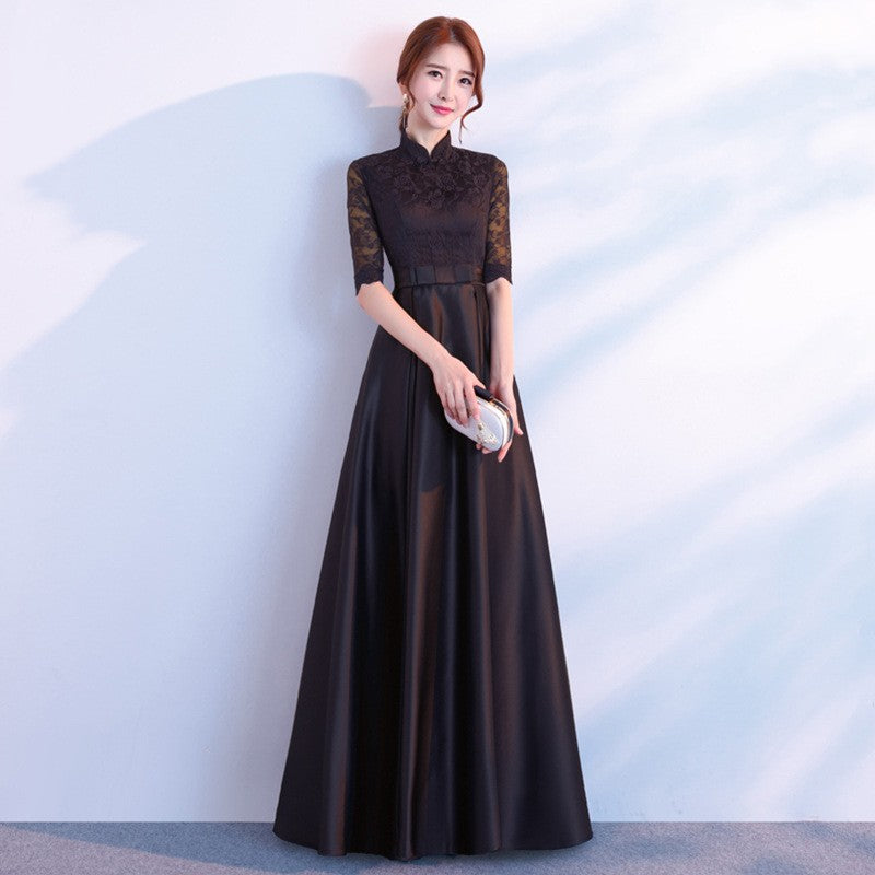 The End Elegant Long Sleeve Thin Company Annual Meeting Black Dress Dress Long Section