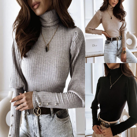 Women's New Pile High Collar Pullover With Bottom Sweater