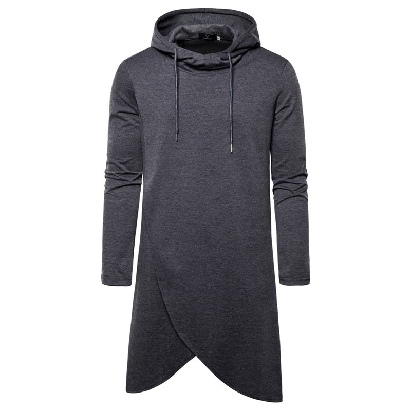 Men's New Solid Color Mid Length Irregular Fashion Slim Fit Hoodie