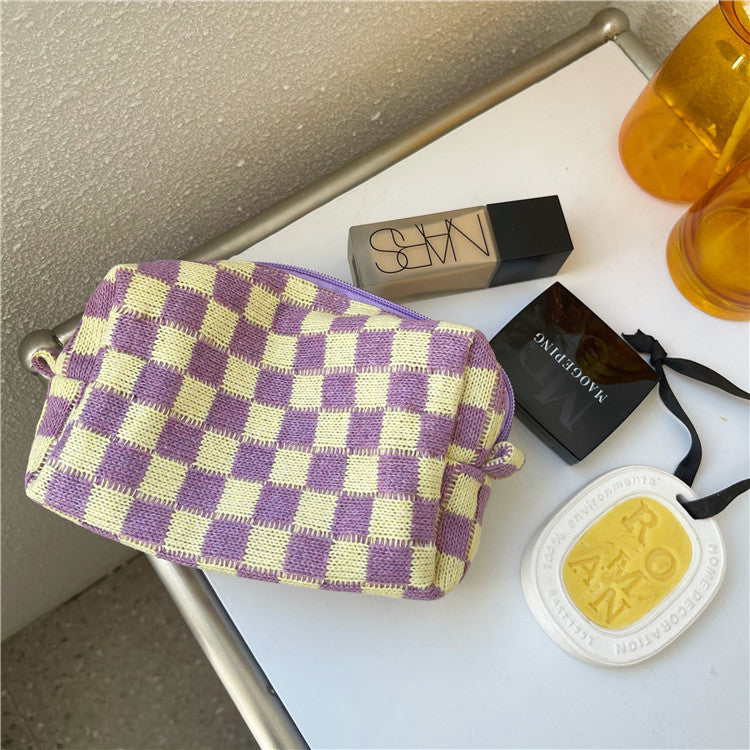 Checkerboard Knitted Cosmetic Bag Contrast Color Wool Plaid