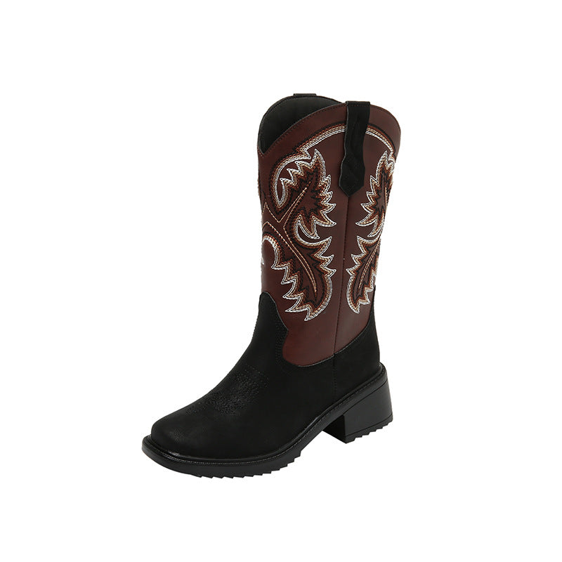 Embroidery Shoes Western Boots Chunky Mid Heel Cowboy Boots Women