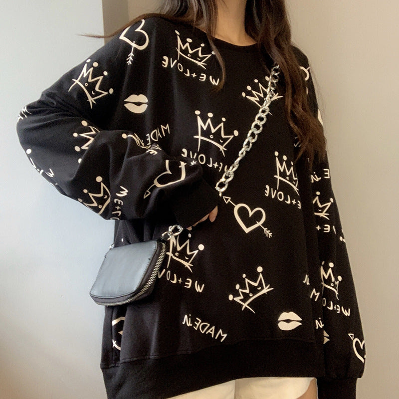 Front And Back Graffiti Printed Long-sleeved Sweater Women