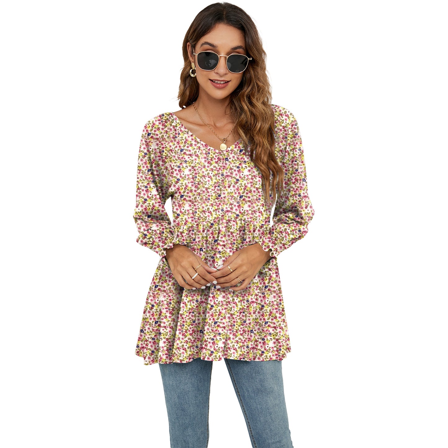 Long Puff Sleeve Tops Women Flowers Print Casual V-Neck Blouse T-Shirts Babydoll Tops