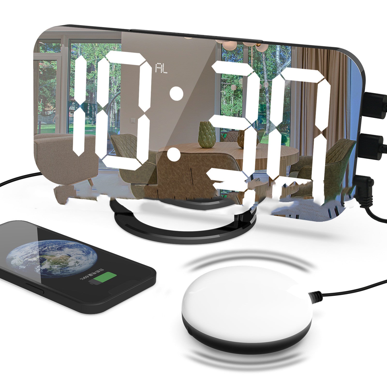 Digital Mirror Clock Dual USB Brightness Adjustable LED Display