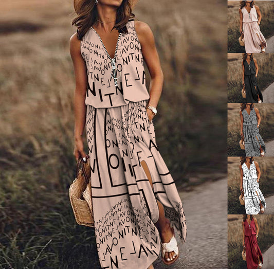 Spring And Summer New Sleeveless Long Casual Women's Waist Zipper Letter Print Dress