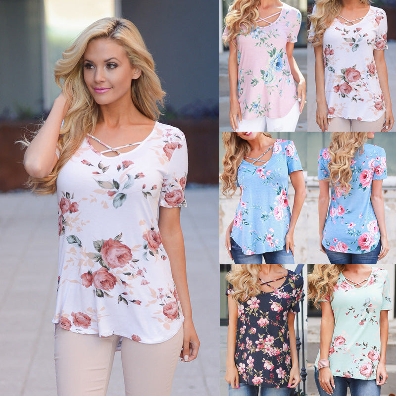 Flower Print Cross Front Short Back Long T-shirt