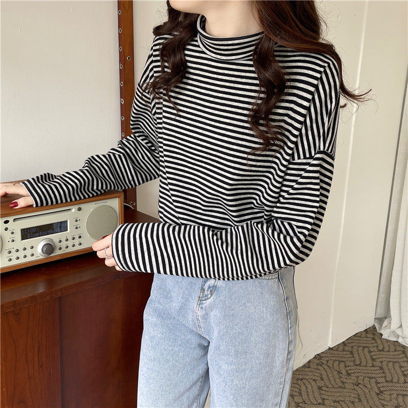 Half High Neck Striped Long Sleeved T Shirt