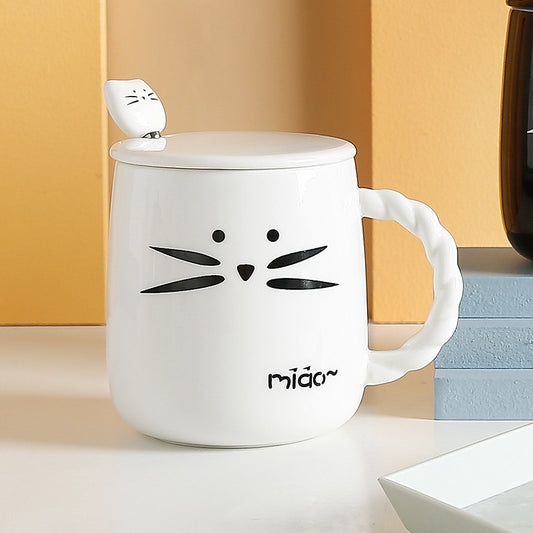 Cat Ceramic Water Cup With Lid Spoon Cartoon