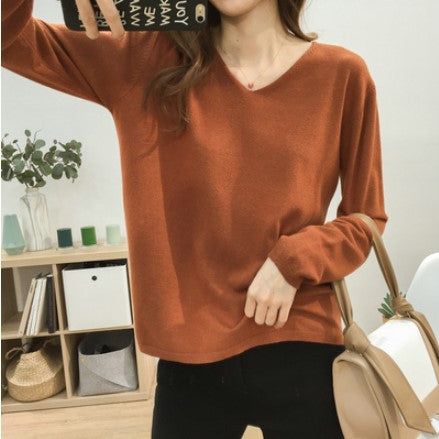 Loose Slimming V-neck Solid Color Long-sleeved Sweater