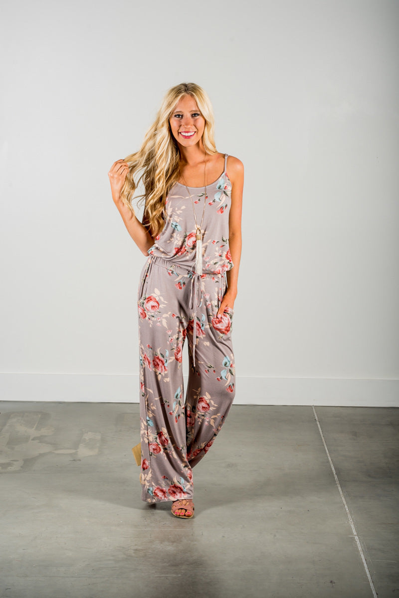 Fashion Trend Spaghetti-strap Floral Print Loose One-piece Trousers