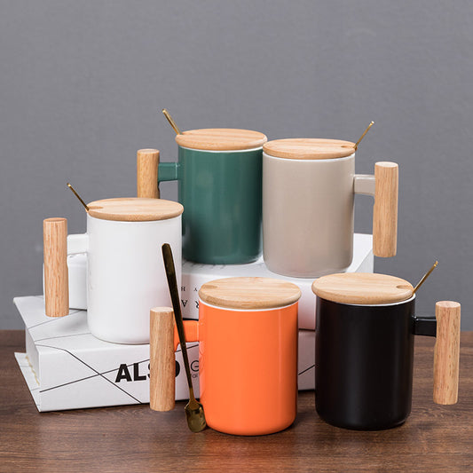 Simple Straight Ceramic Mug With Wooden Handle