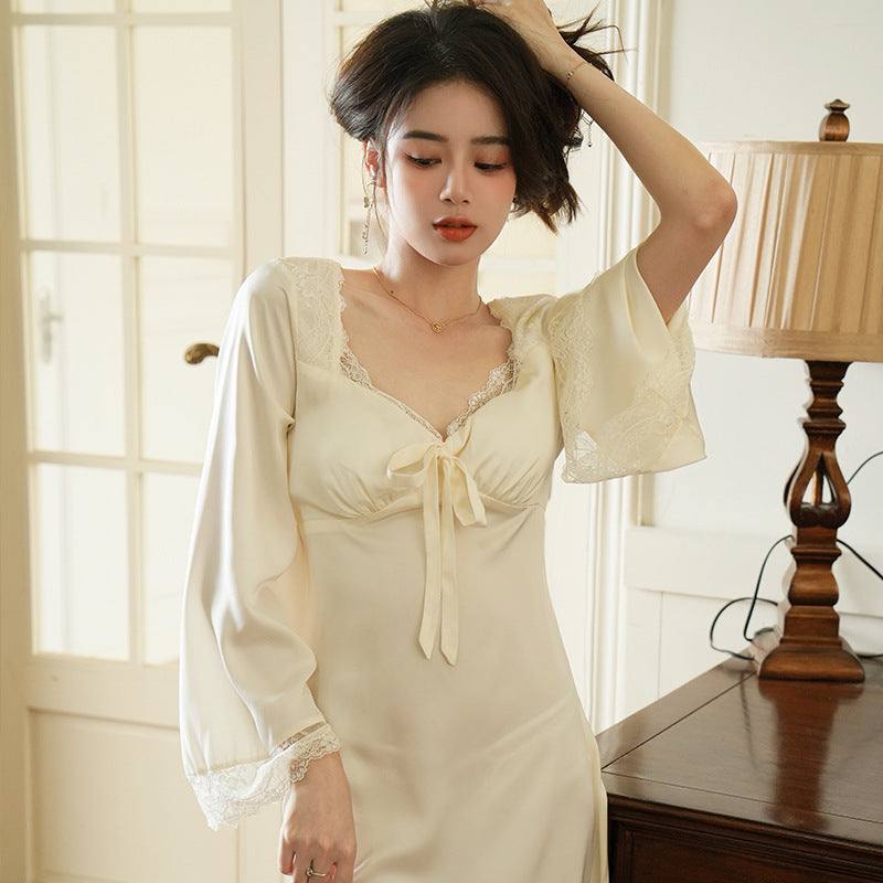 Spring And Autumn Long-sleeved Ice Silk Sexy V-neck Lace-up Bow Pajamas