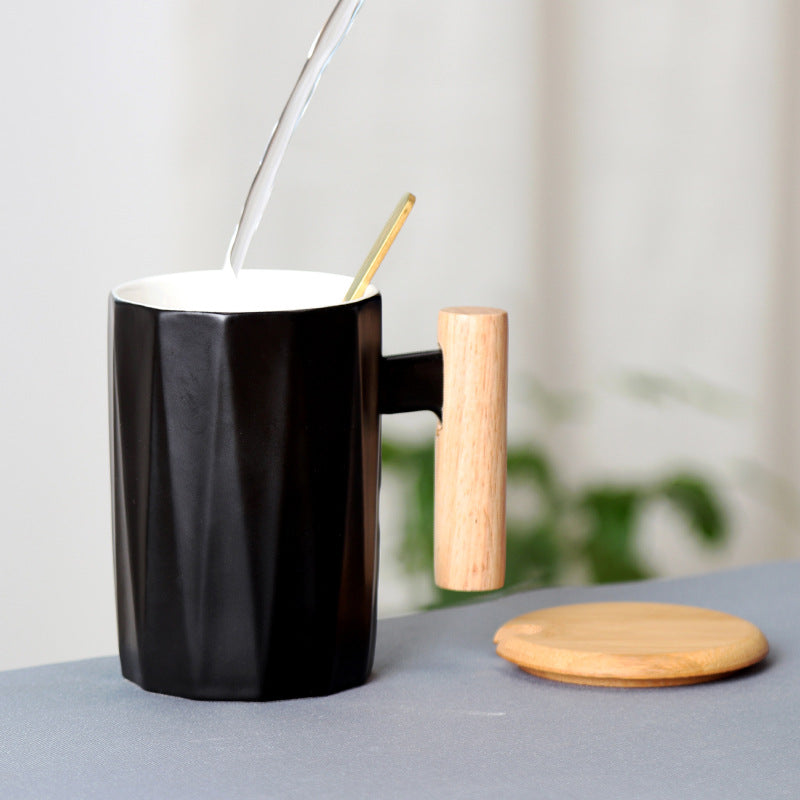 Simple Straight Ceramic Mug With Wooden Handle