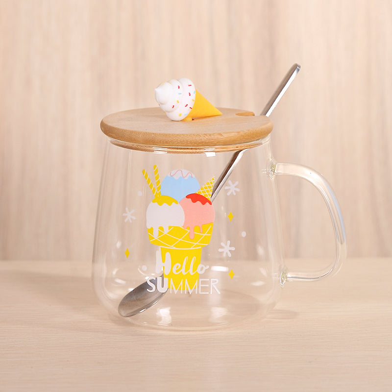 Transparent Fruit Tea Flat Bottom Glass Cup With Lid Simple