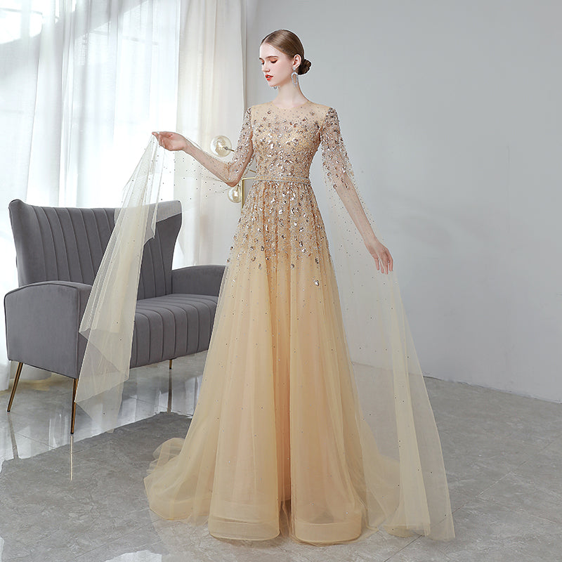 Gold High End Flying Sleeve Long Evening Dress