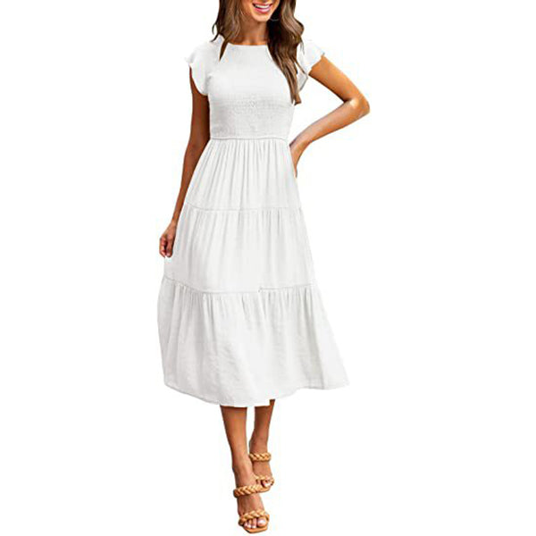 Holiday Style High Waist Dresses Summer Ruffled Sleeve A-line Beach Dress