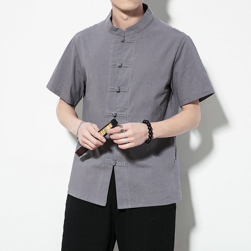 Summer Chinoiserie Stand Collar Button-up Shirt Men's