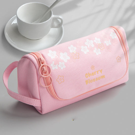 Canvas Pencil Case Large Capacity Simple Girl Japanese Cute Girl Heart Stationery Box Korean Pencil Case Multi-function