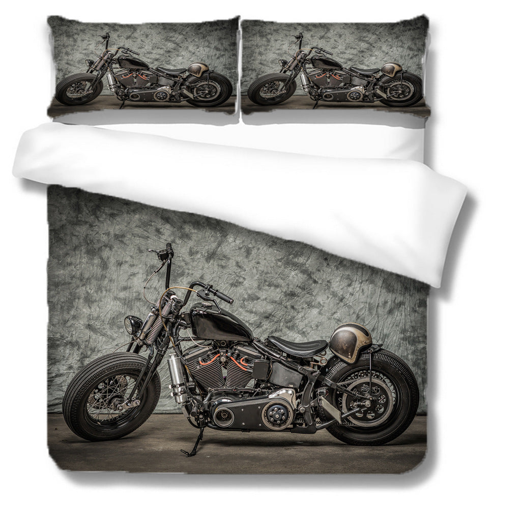 Dark Retro Motorcycle Quilt Cover Three-piece Set
