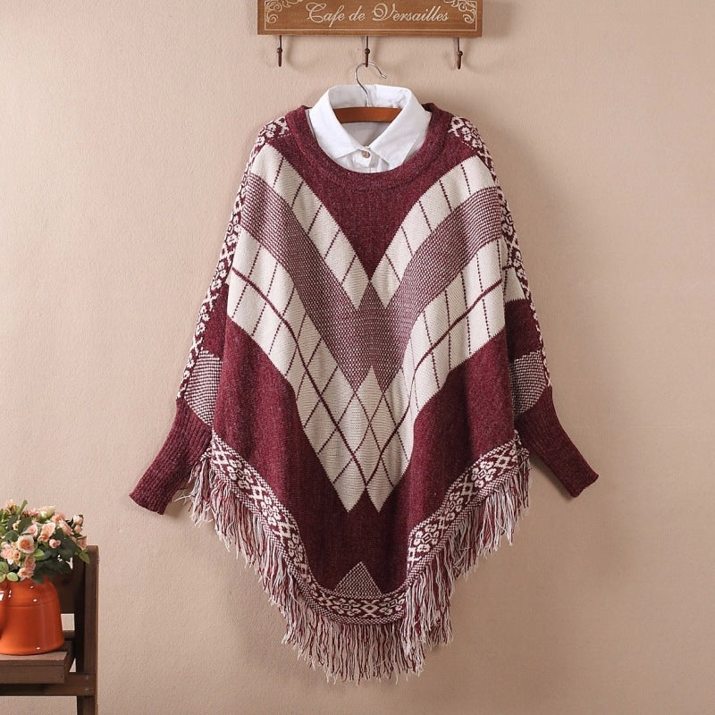 Geometric Rhombus Tassel Batwing Sleeve Inverness Sweater Sweater