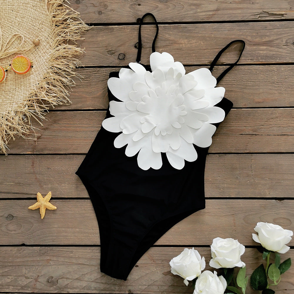 Solid Color Halter One-piece Swimsuit Female Big Flower