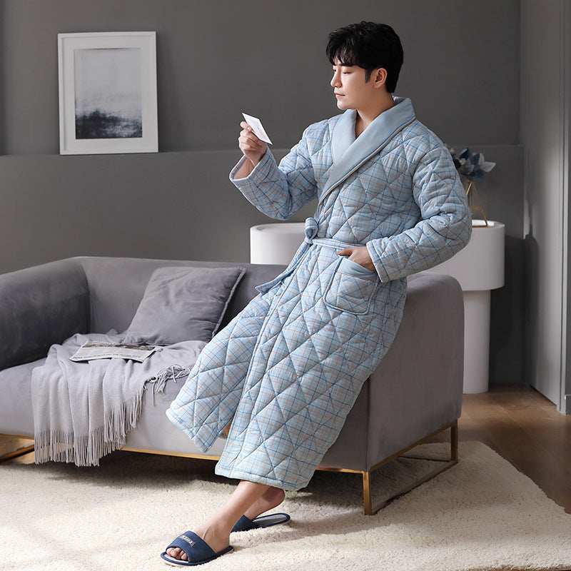 Simple Thick Cotton Long-sleeved Men's Pajamas