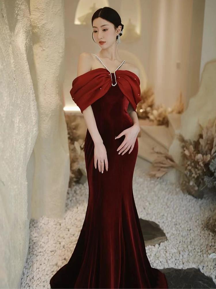 Premium Sense Wine Red Engagement Fishtail Temperament One Line Shoulder Evening Dress