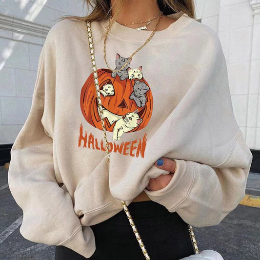 Fashionable Christmas Pumpkin Print Round Neck Long Sleeve