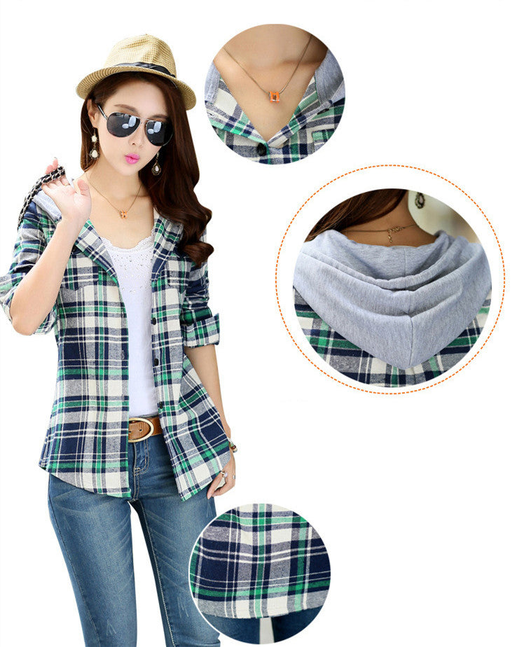 Fashion Women's Long-sleeved Plaid Hooded Shirt