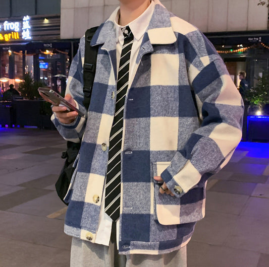 Men's Autumn And Winter Warm Plaid Wool Loose Jacket