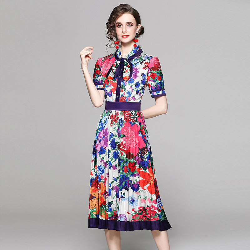 Positioning Printed French Vintage Dress Women With Belt