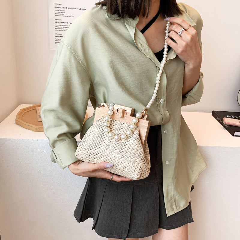 Straw Bag Women Hand-Woven Handbags And Purses 2022 Summer Wooden Rattan Casual Beads Beach Small Shoulder Crossbody Bag