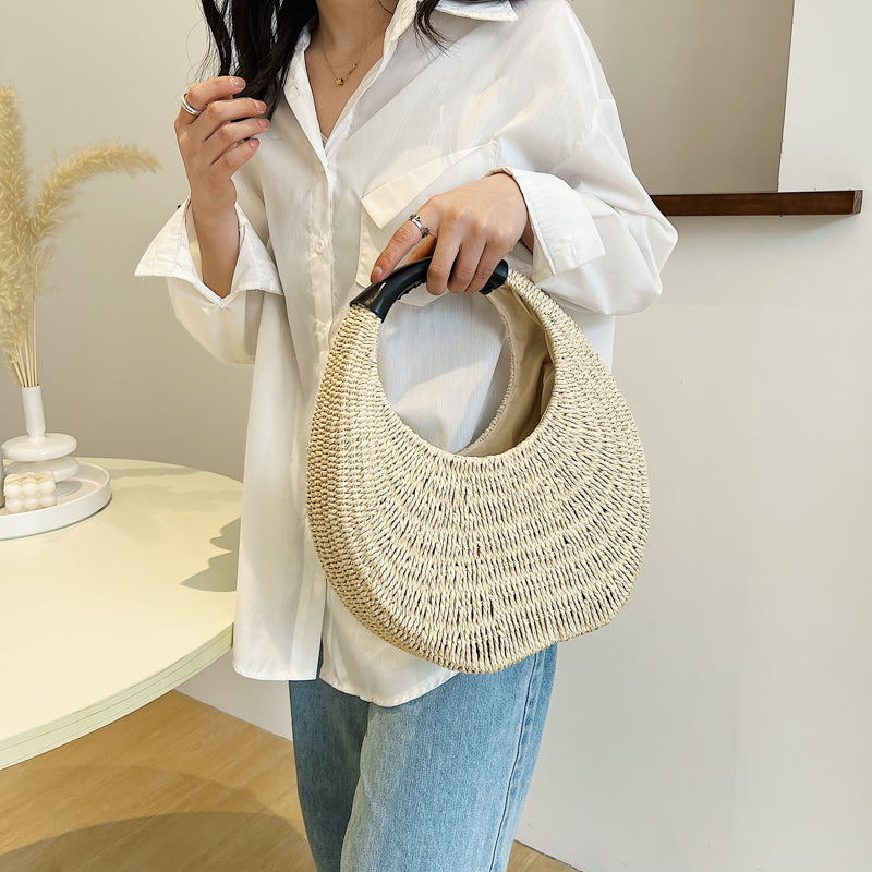 Woman Straw Bag With Round Handle 2022 Summer Travel Woven Totes Handmade Shopper Handbag Rattan Shoulder Bag Beach Purses