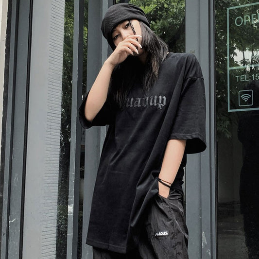 Men's Wide Patch Leather Stitching Short-sleeved T-shirt