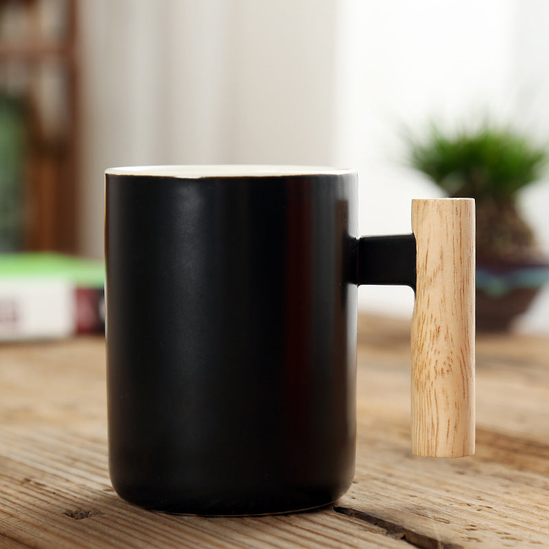 Simple Straight Ceramic Mug With Wooden Handle