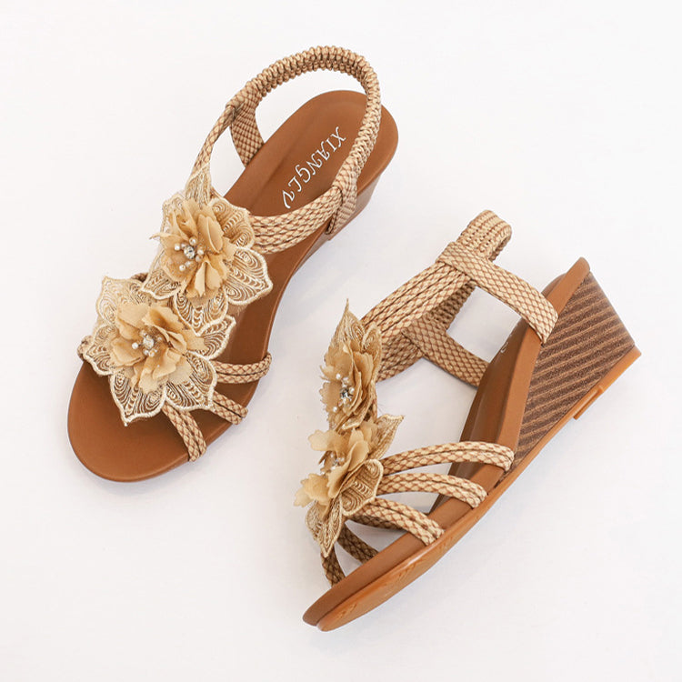 Flowers Sandals Summer Bohemia Wedges Shoes With Weave Ankle Strap