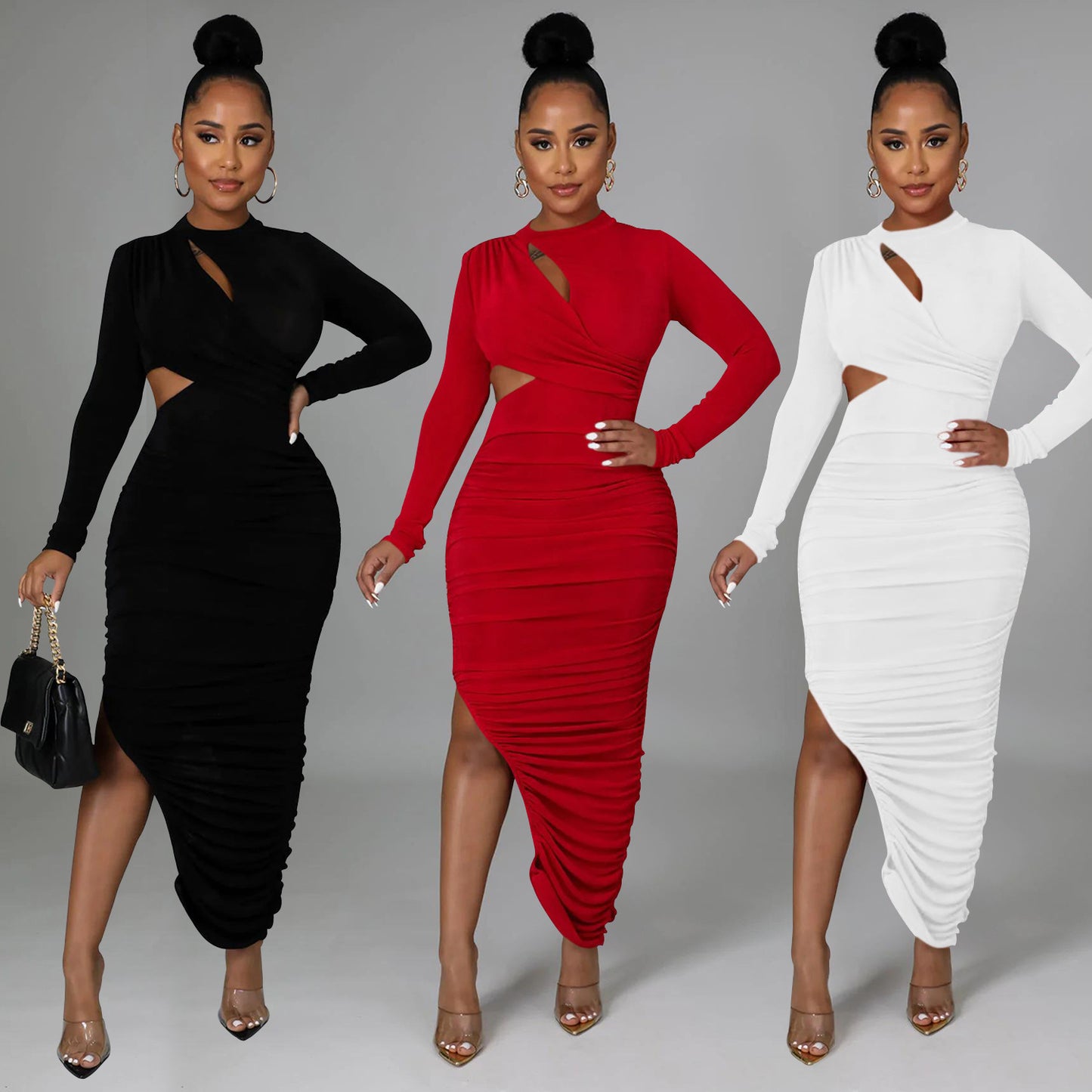 Fashion Women's Solid Color Ruffle Round Neck Long Sleeve Dress