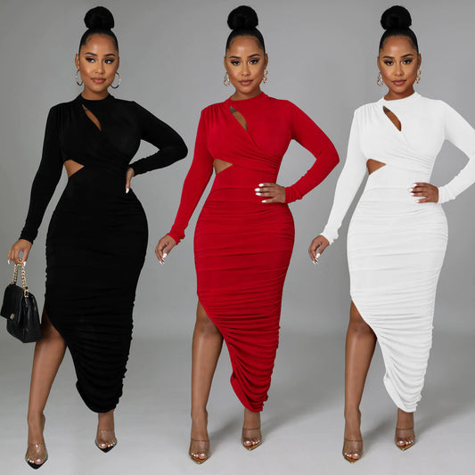 Fashion Women's Solid Color Ruffle Round Neck Long Sleeve Dress